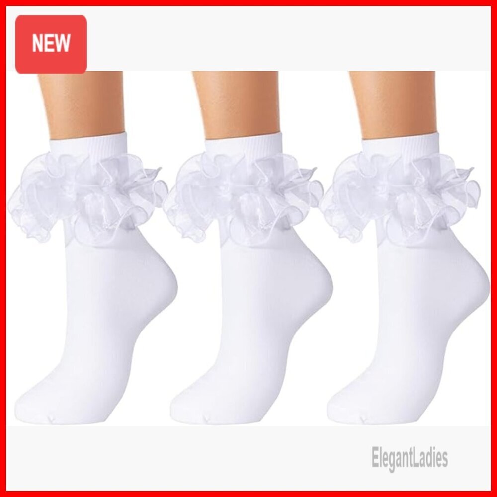 Cotton Ruffle Crew Socks, Ribbed Cuff, Ankle Length, Women's Size 5-11